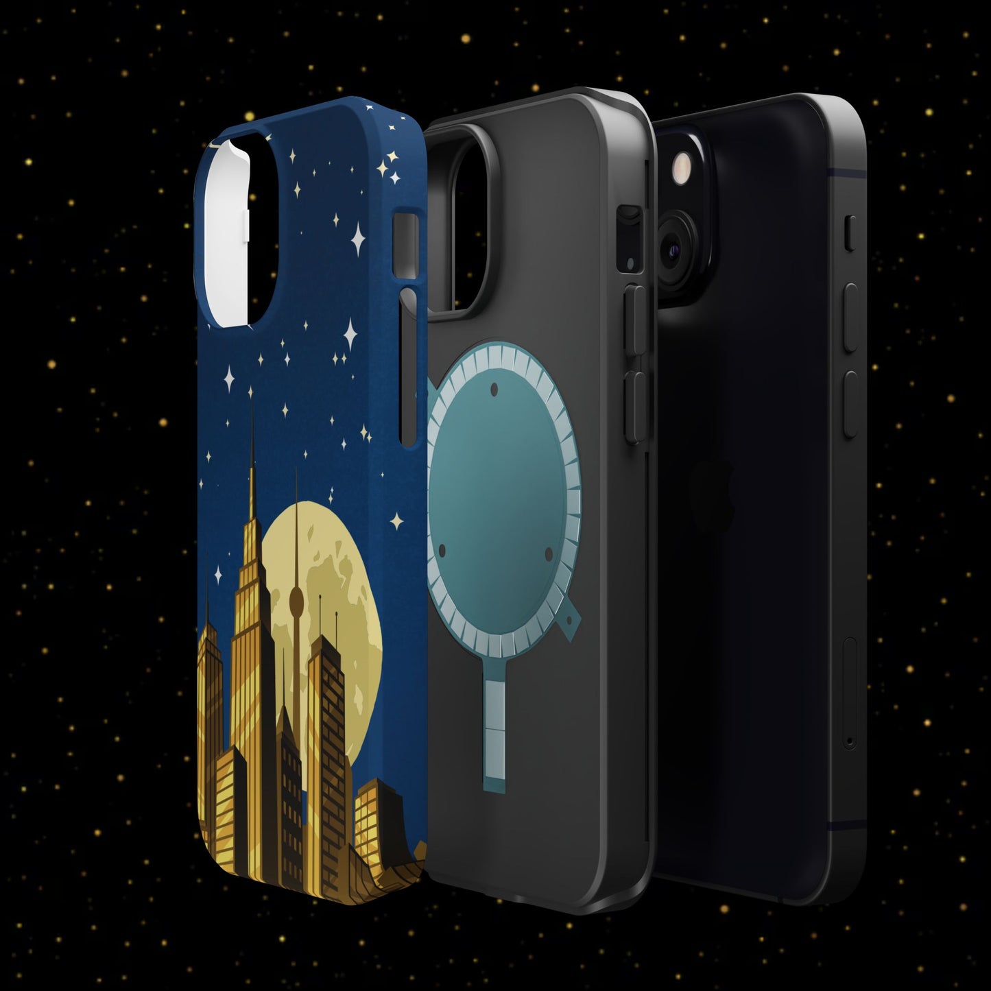 Magnetische Handyhülle mit Stadtpanorama und Mondnacht