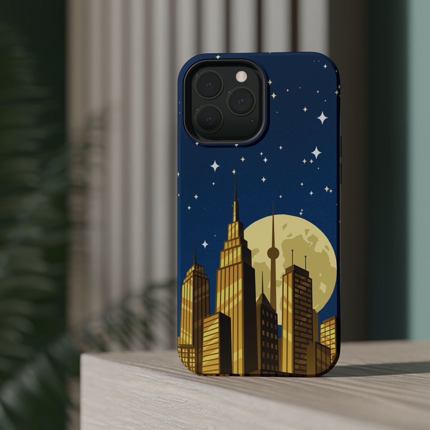 Magnetische Handyhülle mit Stadtpanorama und Mondnacht